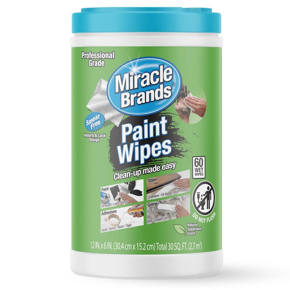 MiracleWipes paint prep bottle cleans wet paint and caulk effectively.
