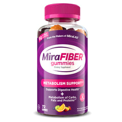 MiraFIBER Gummies bottle front shows mixed fruit flavors and gut health support