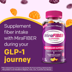 MiraFIBER Gummies bottle side view highlights serving size and fiber