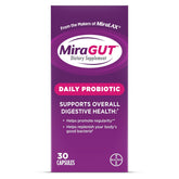 MiraGUT daily probiotic bottle shows a simple daily routine for digestive balance