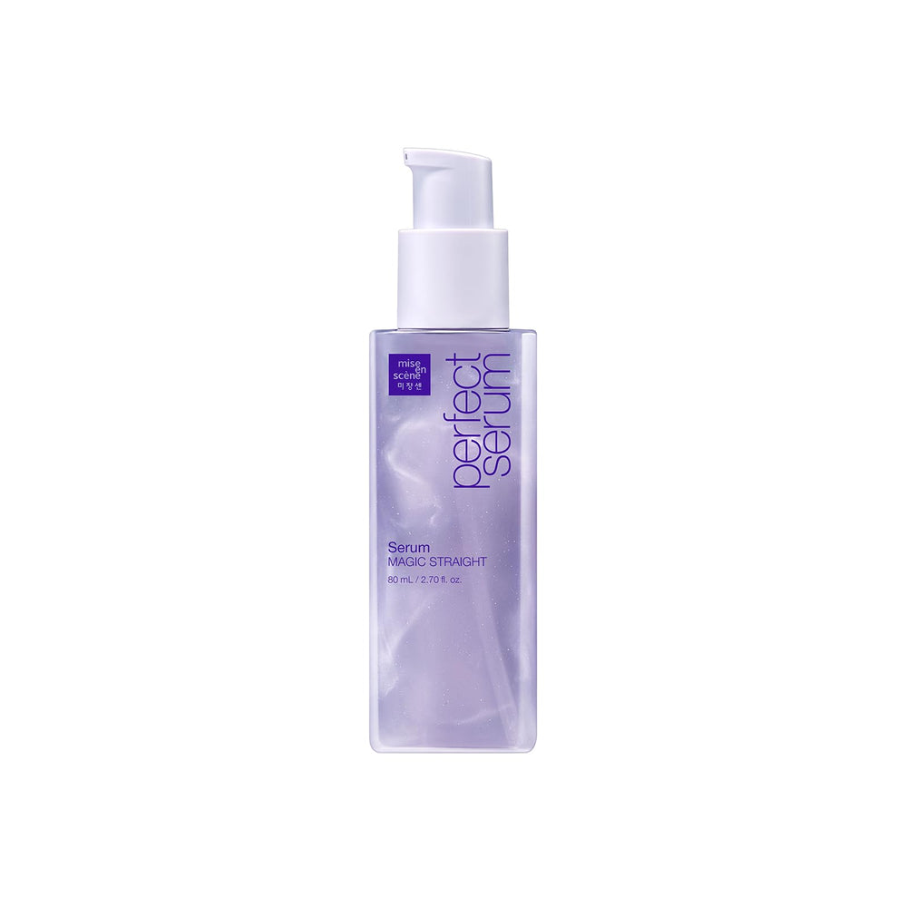Mise En Scene Perfect Serum Magic Straight bottle pour promotes even distribution for sleek styling.