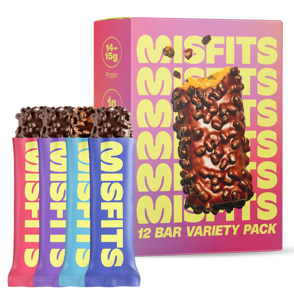 Misfits Protein Bar Variety Pack in foil packaging for on-the-go protein.