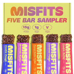 Misfits protein bar variety pack front view showing multiple flavors for on-the-go energy