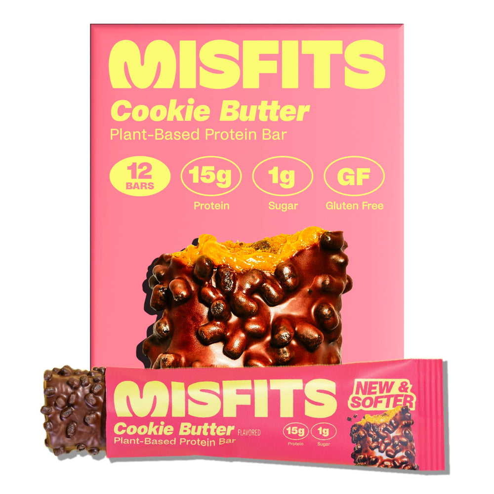Misfits Speculoos Cookie Butter bar packaging highlights a protein-packed vegan snack.