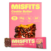Misfits Speculoos Cookie Butter bar packaging highlights a protein-packed vegan snack.