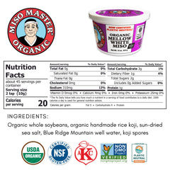 Label close-up of Miso Master Organic Mellow White miso paste, rich flavor.
