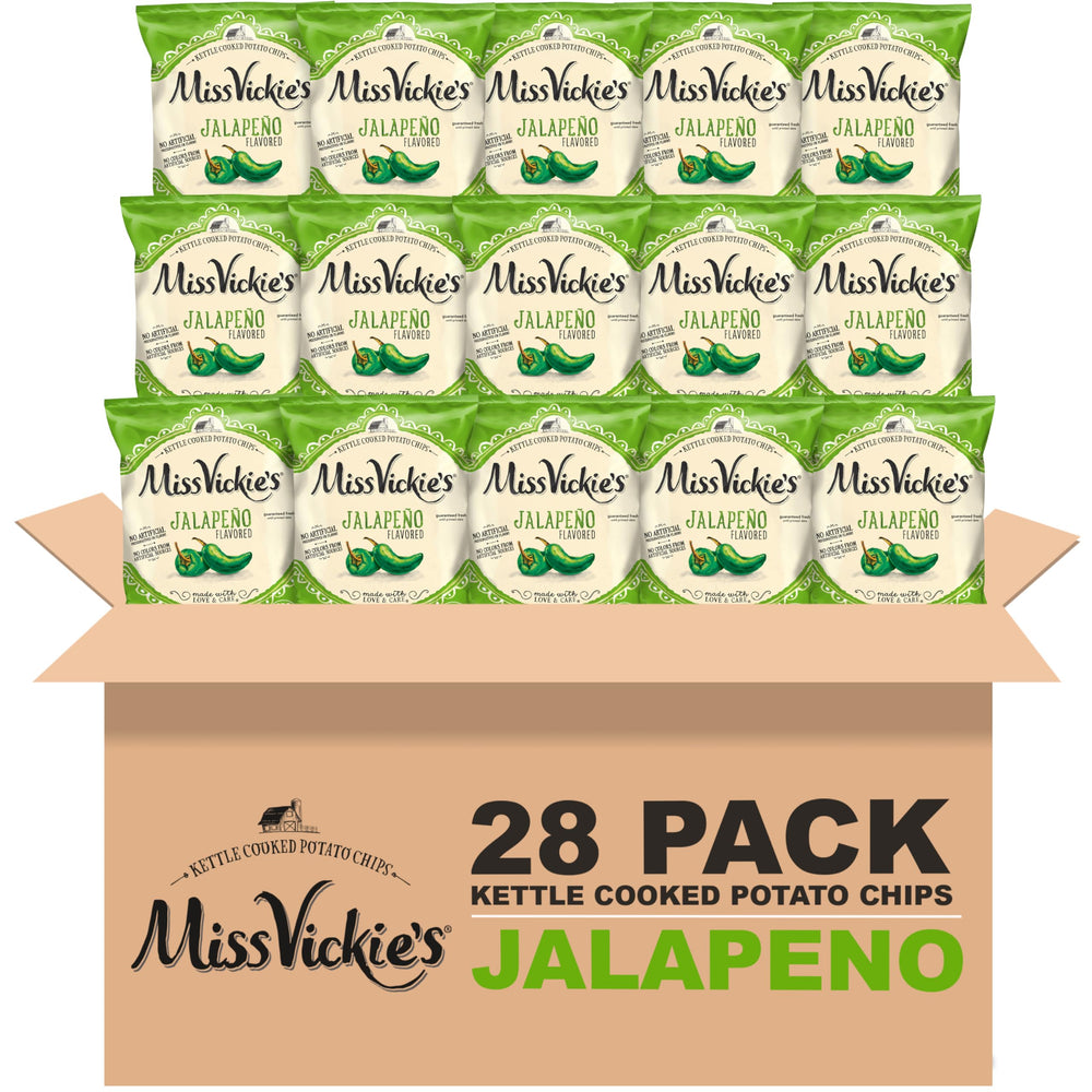 Miss Vickie's Jalapeño Kettle Chips 28-pack, ideal for on-the-go snacking.