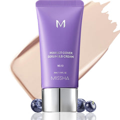 MISSHA M Perfect Cover Serum BB Cream No.13 bottle closeup for a dewy, natural look.