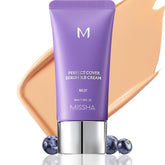 MISSHA M Perfect Cover Serum BB Cream No.27 swatch showing warm honey beige finish for a natural look