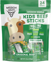Mission Meats Kids Beef Sticks 24-pack in pantry, quick protein on the go.