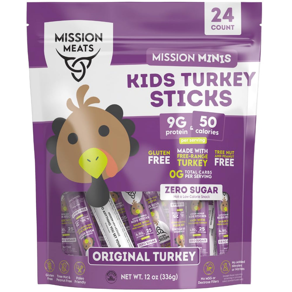 Mission Meats Kids Turkey Sticks 24-pack on a kitchen counter, a protein-packed school snack.
