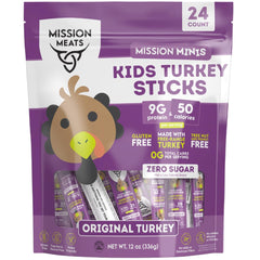 Mission Meats Kids Turkey Sticks 24-pack on a kitchen counter, a protein-packed school snack.