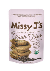 Missy J's carob chips bag front showcasing organic carob for snacks and baking