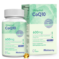 Mistaccy CoQ10 600mg bottle front view, high-absorption ubiquinol for daily vitality