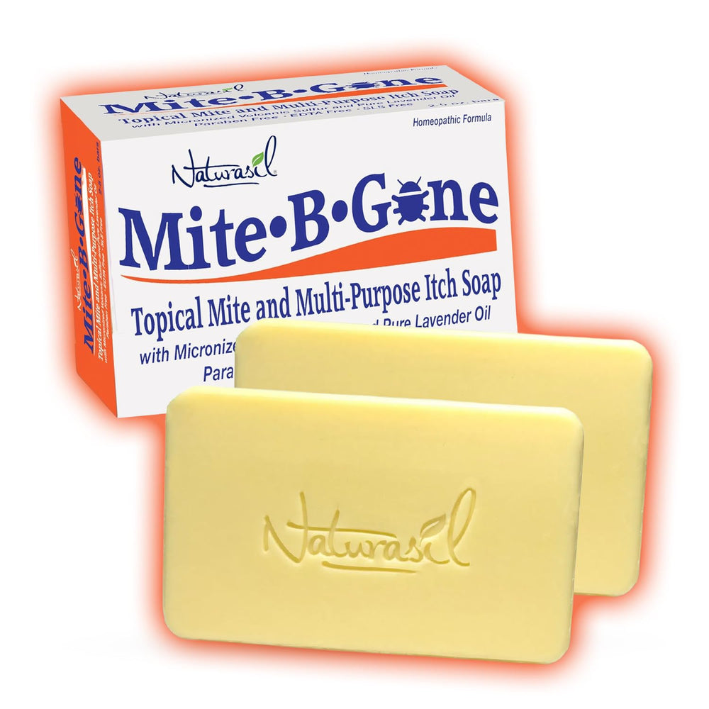 Mite-B-Gone Relief Soap bar front view showing sulfur and lavender for soothing relief