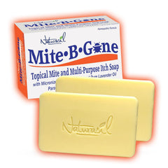 Mite-B-Gone Relief Soap bar front view showing sulfur and lavender for soothing relief