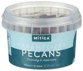 Mitica caramelized pecans 4.41 oz packaging shows glossy glaze for easy snacking.