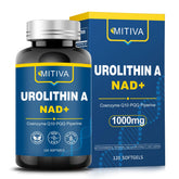 MITIVA Urolithin A bottle showing 120 softgels for daily vitality and balance.