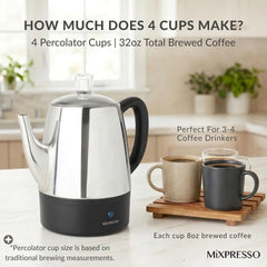 Mixpresso percolator in action pouring hot coffee from the spout