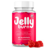 MJO Jelly Burn Gummies bottle front highlights all-natural ingredients for an active lifestyle.