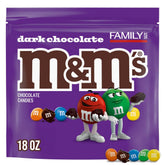 M&M'S dark chocolate candy 18oz bulk bag with resealable lid for freshness.