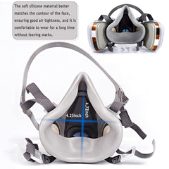 MOARON half-face respirator side view highlights adjustable fit and dual filtration compatibility.