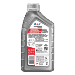 Mobil Full Synthetic High Mileage 5W-30 cap close-up shows seal conditioner to help prevent leaks.