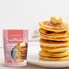 Mochi Foods Hawaii Original Mochi Pancake Mix in a bowl with dry ingredients highlights premium rice flour.