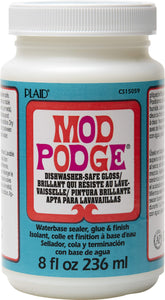 Mod Podge Dishwasher Safe bottle front view, compact 8-ounce size for quick decoupage projects.