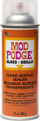 Mod Podge Gloss Clear Acrylic Sealer 12oz can provides crystal-clear, durable protection for crafts.