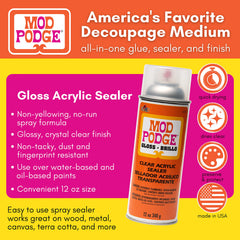 Mod Podge Gloss Clear Acrylic Sealer on wood delivers a glossy, protective finish.