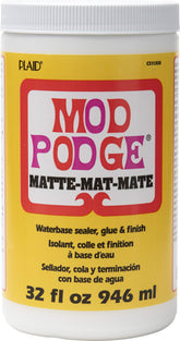Mod Podge Matte bottle close-up showing quick-dry formula for decoupage on wood