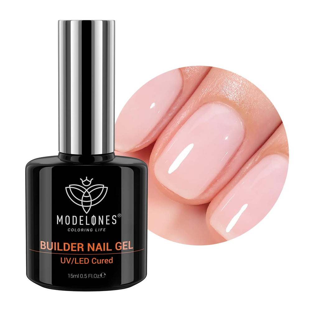 Modelones Builder Nail Gel bottle close-up in nude shade for smooth base.
