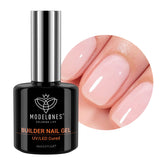 Modelones Builder Nail Gel bottle close-up in nude shade for smooth base.