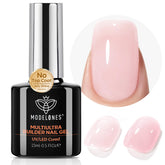 Modelones Builder Nail Gel shows a no-wipe glossy nude finish for quick at-home manicures.