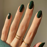 Modelones dark green almond press-on nails front view for quick style