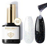 Modelones Glitter Gel Top Coat bottle close-up showing iridescent sparkle for a glossy manicure