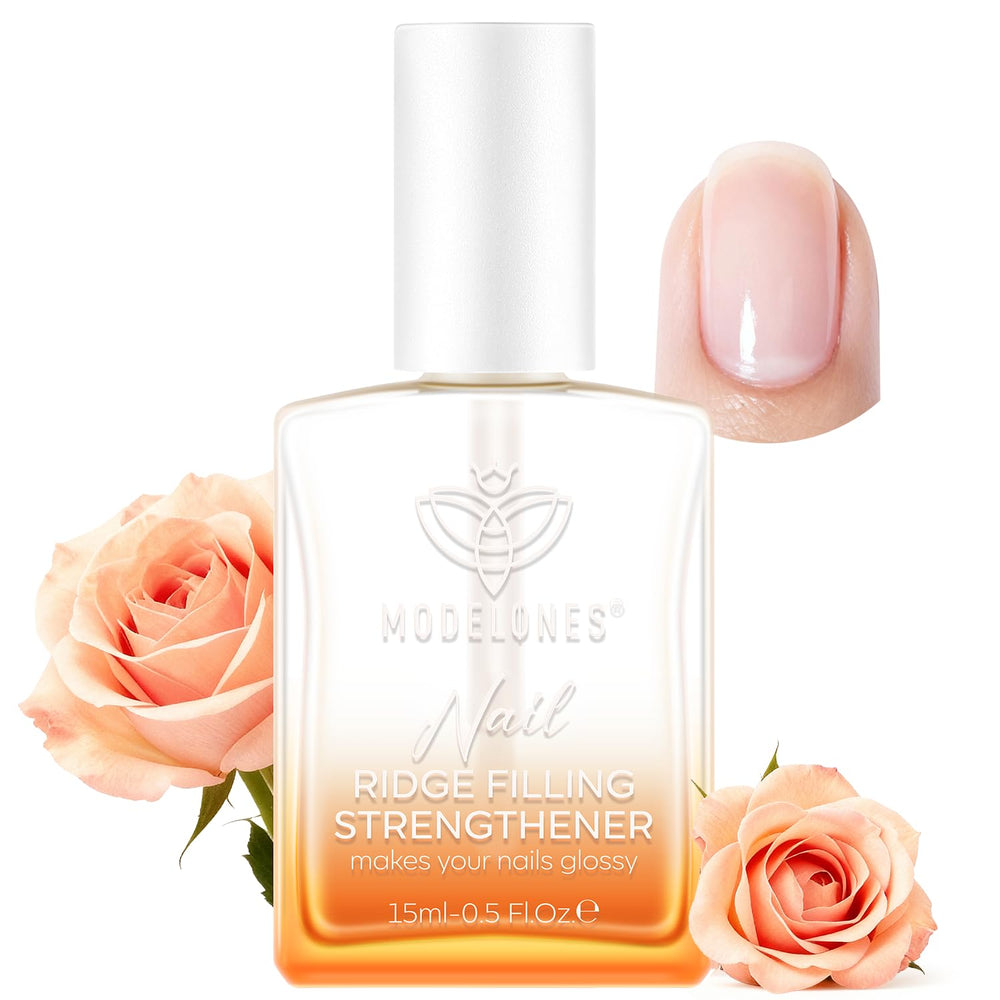 Modelones nail-strengthener clear bottle enhances natural nails with a protective, subtle finish.
