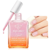 Modelones nail strengthener glitter pink bottle illustrating protective formula for nails.