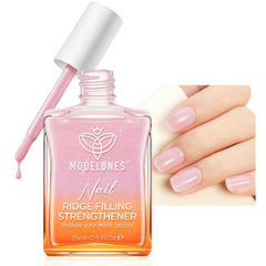 Modelones nail strengthener glitter pink bottle illustrating protective formula for nails.
