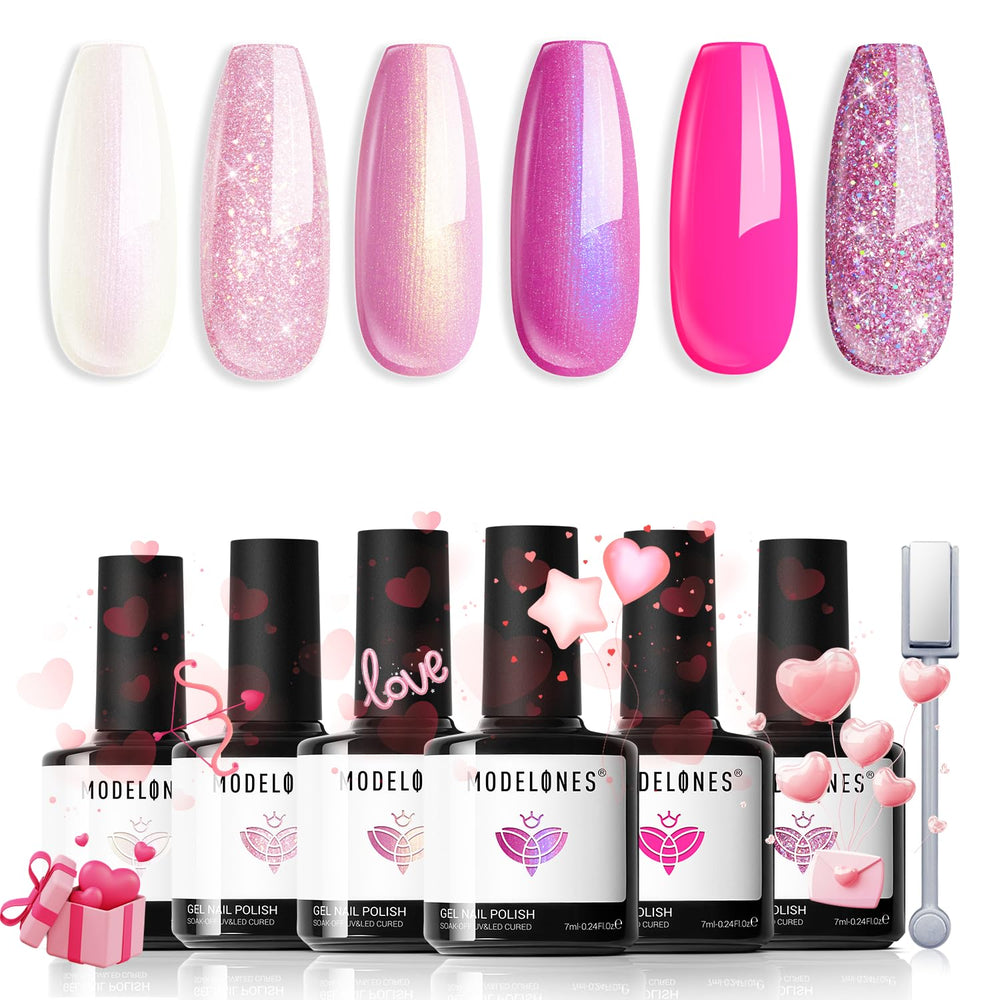 Modelones pink glitter nail polish set bottles showcase six vivid colors for at home manicures.