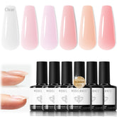 Modelones rubber base gel bottle close-up showing base-coat and strengthener options