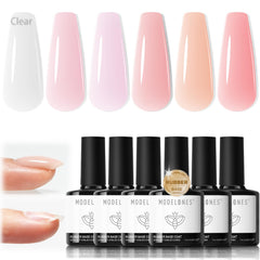 Modelones rubber base gel bottle close-up showing base-coat and strengthener options