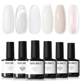 Modelones White Gel Nail Polish six milky shades shown for versatile home manicures.