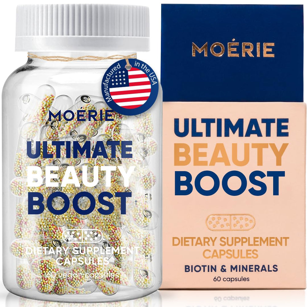 Moerie Ultimate Hair Growth Supplements bottle with capsules for hair, skin and nails support.