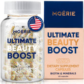 Moerie Ultimate Hair Growth Supplements bottle with capsules for hair, skin and nails support.