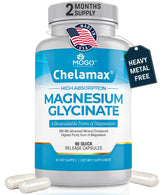 Mogo Chelamax magnesium glycinate capsules in a bottle-front-label view for daily wellness support.