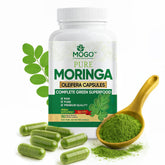 MOGO Moringa capsules bottle on table highlighting 180 count packaging for daily energy support