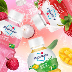 Mogu Mogu Strawberry Mango flavor juice bottle, vibrant and fruity.