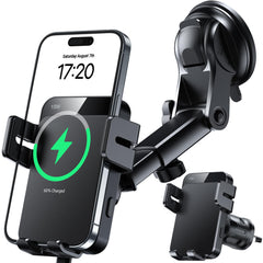 MOKPR wireless car charger with 3in1 installation on windshield, dashboard, or vent for versatile mounting